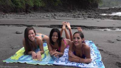 Young wet 18yo brunette Latina babes enjoys threesome orgy outdoors on the beach - xtits.com
